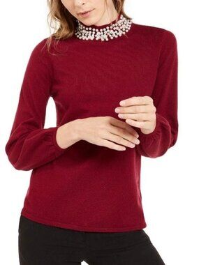 Alfani Embellished Beaded High Neck Sweater Burgundy Petite Small #A3610